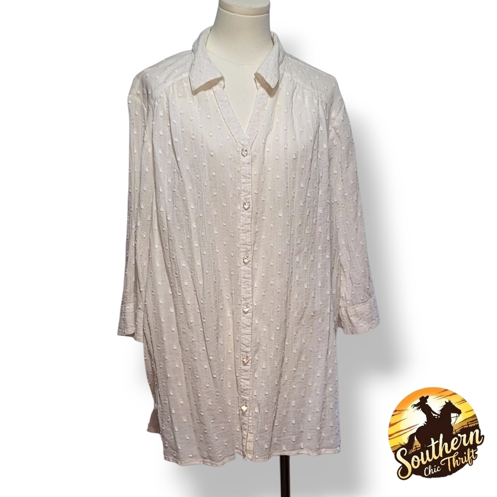 Denim&Co Cream Button-Down Swiss Dot Shirt